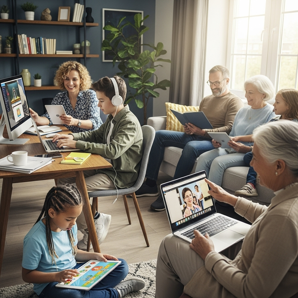 A diverse group of people of various ages happily using computers and tablets in a bright home environment, illustrating easy and accessible online learning.