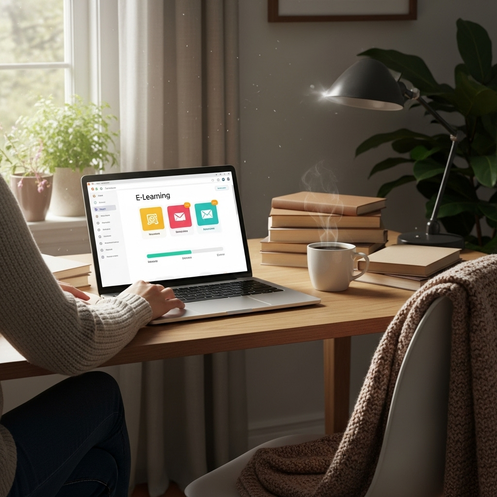 A person sitting comfortably at a desk with a laptop open, a cup of coffee nearby, engaging with educational content, illustrating the ease and flexibility of learning from home.