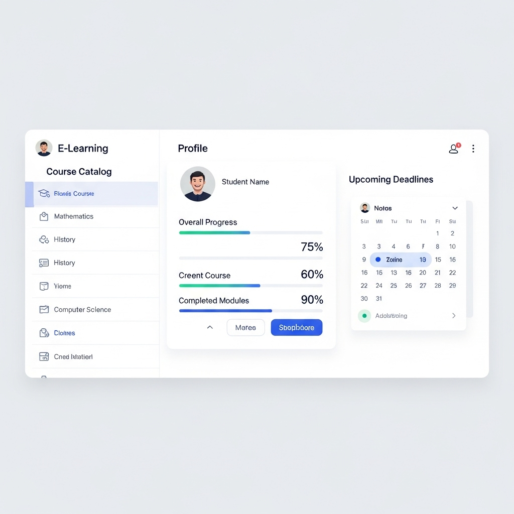 A sleek digital dashboard displaying a course catalog, user profile, and progress indicators with a clean and modern interface.