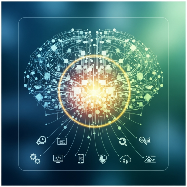 An abstract square image featuring interconnected digital elements and coding symbols, visually representing website development essentials for modern businesses.