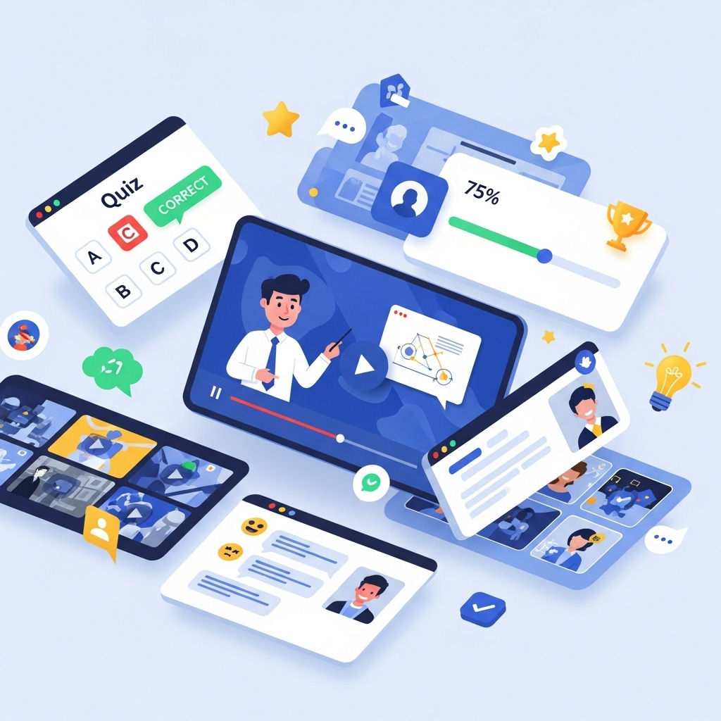 An engaging illustration showing digital screens displaying videos, quizzes, and supportive messages, highlighting how online platforms make learning fun and interactive.