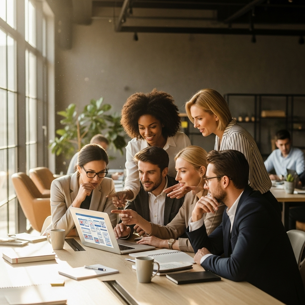 A diverse business team collaborating around a laptop in a stylish, naturally lit office, conveying a warm and professional atmosphere focused on teamwork and creativity.