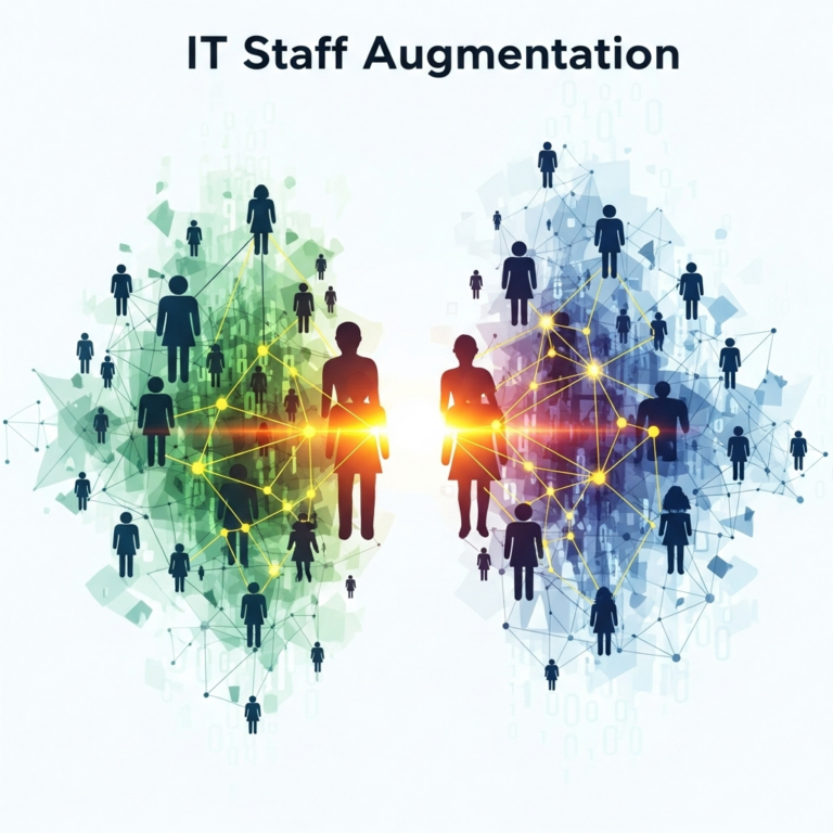 The alt description is: Abstract square image featuring interconnected geometric shapes and digital elements symbolizing collaboration and technology, representing IT staff augmentation as simple solutions for modern teams.