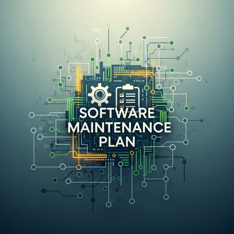 Abstract square image featuring interconnected geometric shapes and icons symbolizing gears, code, and tools, representing the essentials of a software maintenance plan.
