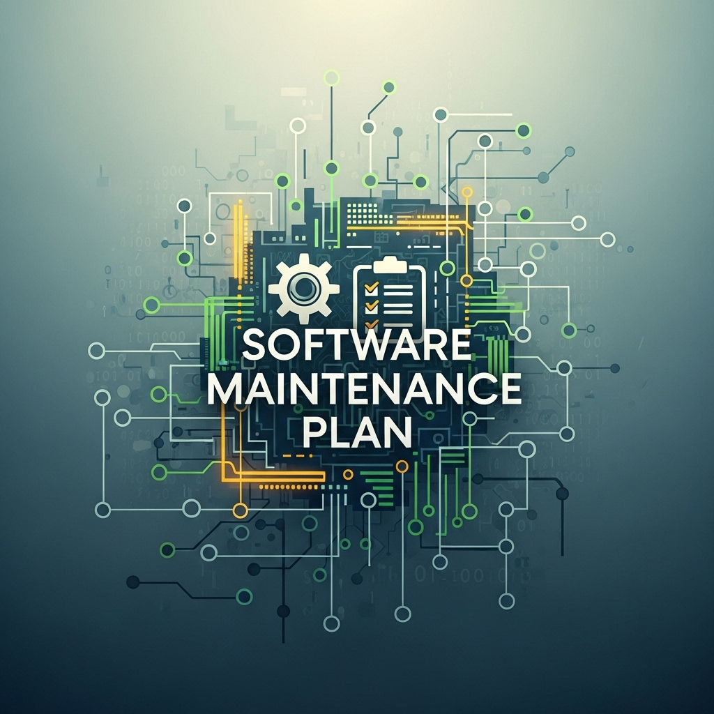 Abstract square image featuring interconnected geometric shapes and icons symbolizing gears, code, and tools, representing the essentials of a software maintenance plan.