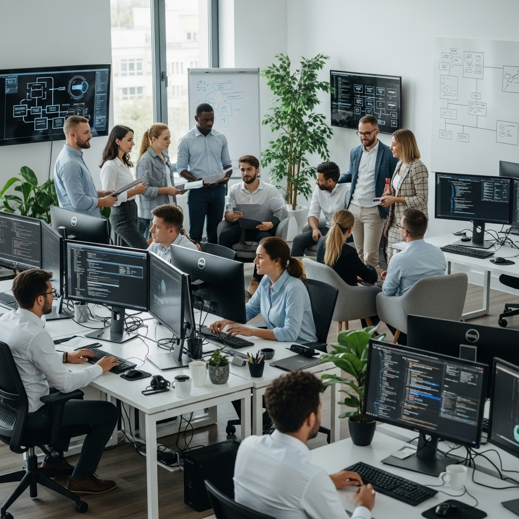 A modern, bright office space featuring a diverse group of IT professionals collaborating, with some working on computers and others engaged in discussion, showcasing teamwork between in-house and augmented staff.