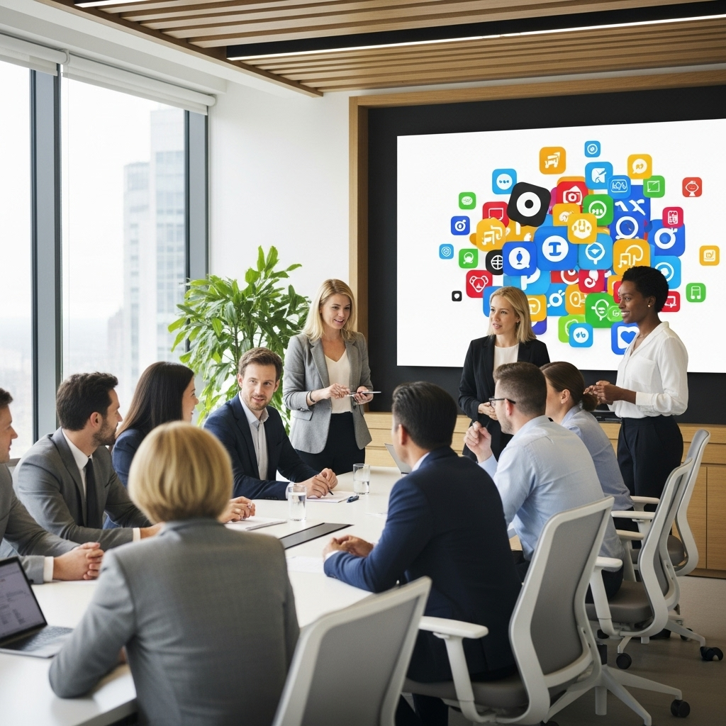 A modern business office showing a diverse group of non-technical professionals gathered around a conference table, with a large screen in the background displaying colorful icons related to software and maintenance, creating a welcoming and approachable atmosphere.