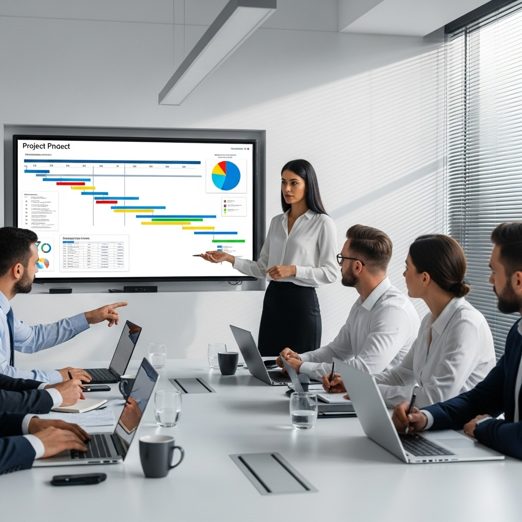 A business meeting where a project manager is onboarding IT specialists from an external agency, with laptops open and focused discussions on project plans, while a large screen in the background displays timelines and charts.