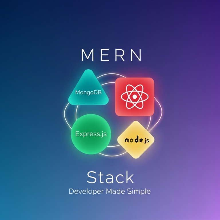 Alt description: Abstract square image with vibrant geometric shapes and code snippets symbolizing the simplicity and creativity of a MERN Stack Developer.