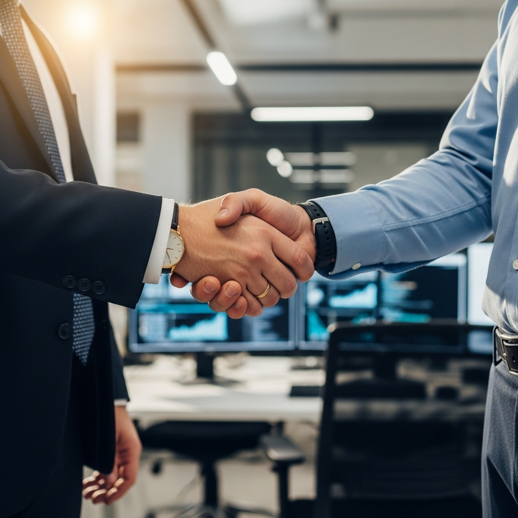 A close-up of a handshake between a company executive and an IT consultant, symbolizing a professional partnership with blurred office desks and screens in the background.