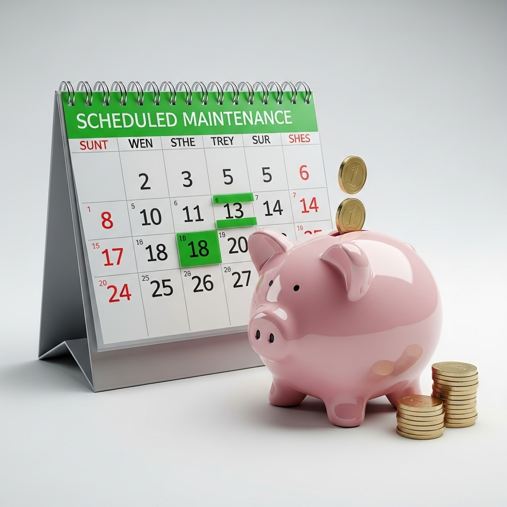 A calendar with certain dates highlighted next to a piggy bank, symbolizing planned maintenance and financial savings, presented in a clean and simple layout without any text.