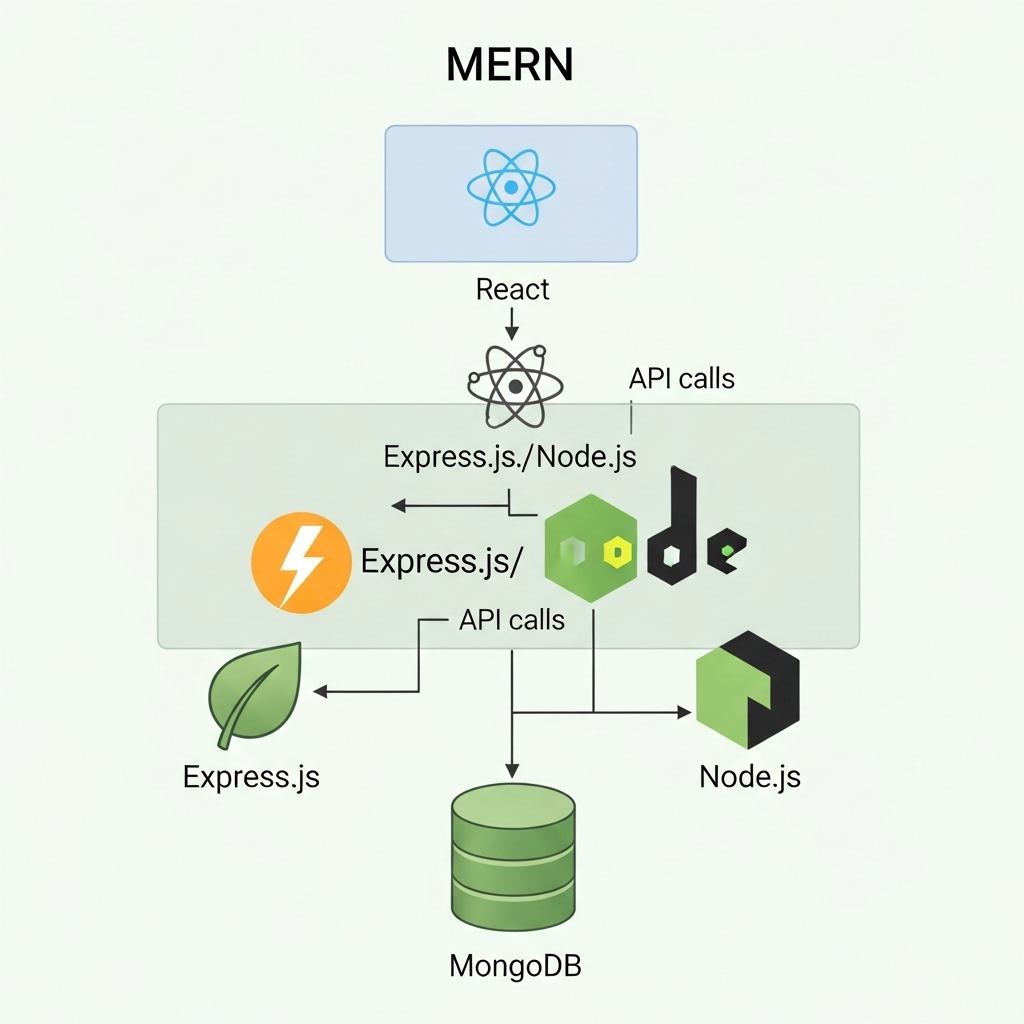 A simple and clear visual diagram illustrating the layered structure of a web application using easily recognizable icons for MongoDB, Express.js, React, and Node.js, designed to be accessible for non-technical viewers without relying on text labels.