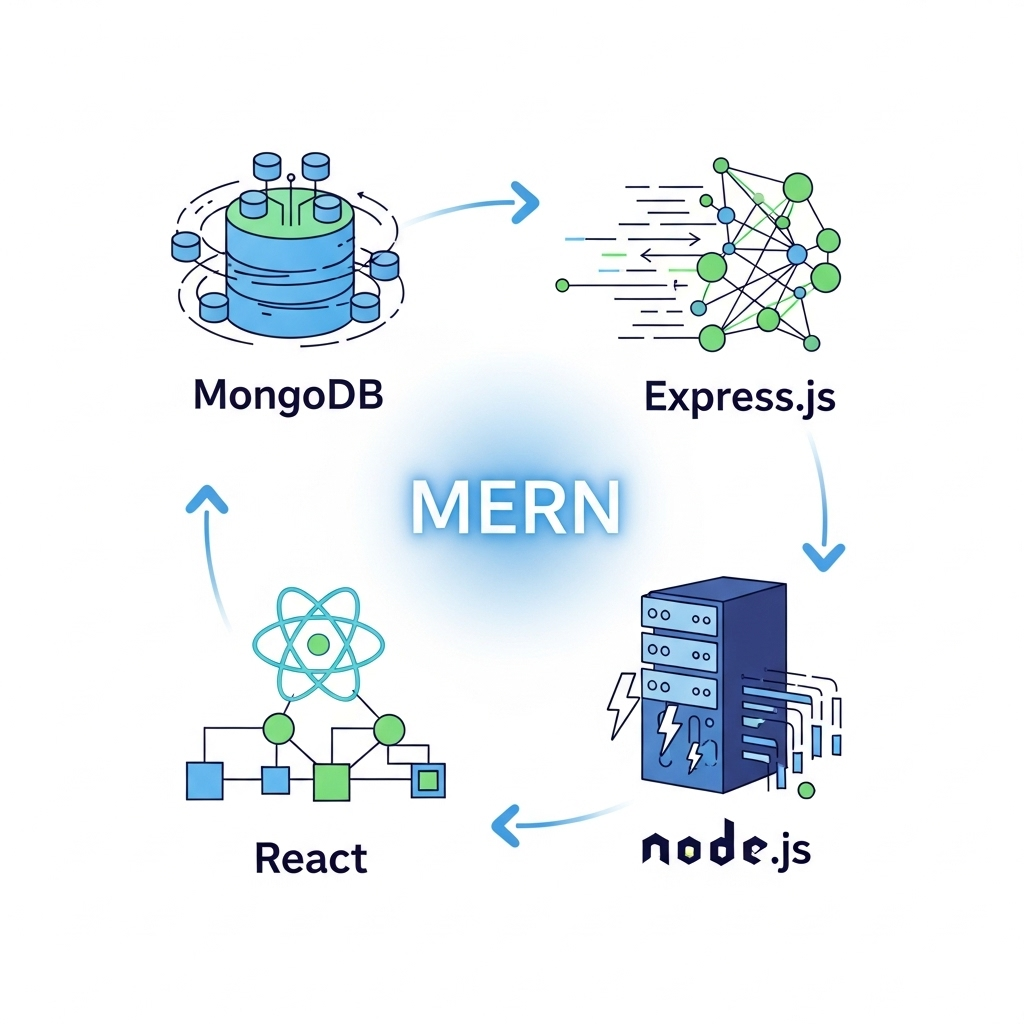 An abstract, colorful infographic illustration creatively depicting the technologies MongoDB, Express.js, React, and Node.js through symbolic icons arranged harmoniously to aid memory retention without using text.