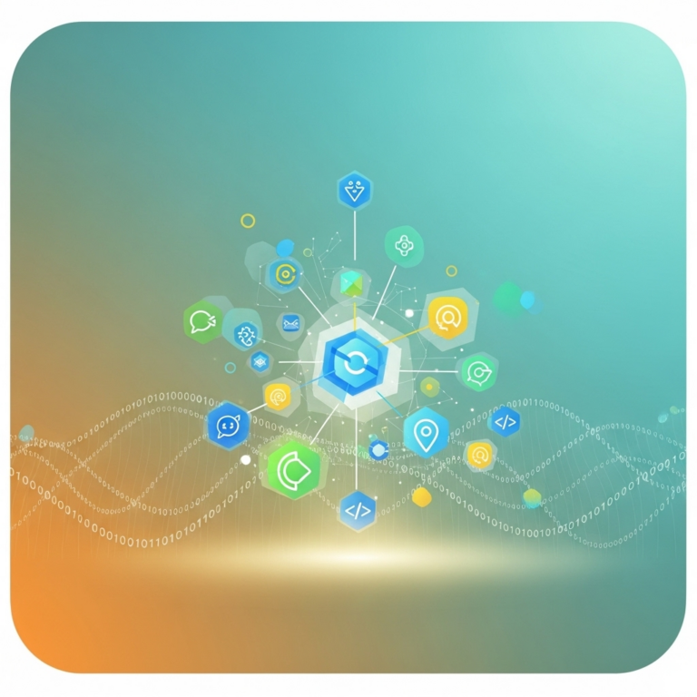 A colorful abstract square image featuring interconnected geometric shapes and digital icons, symbolizing the creative process and technology behind how to develop an app: a friendly introduction.