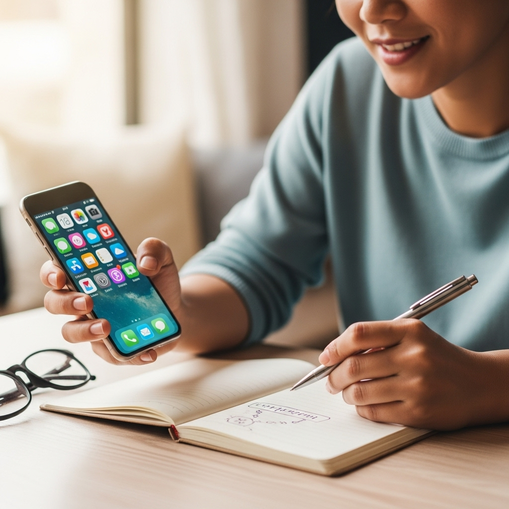 A person casually browsing popular apps on their smartphone while jotting down notes on a small notepad, capturing a relaxed and approachable moment of market research for developing an app.