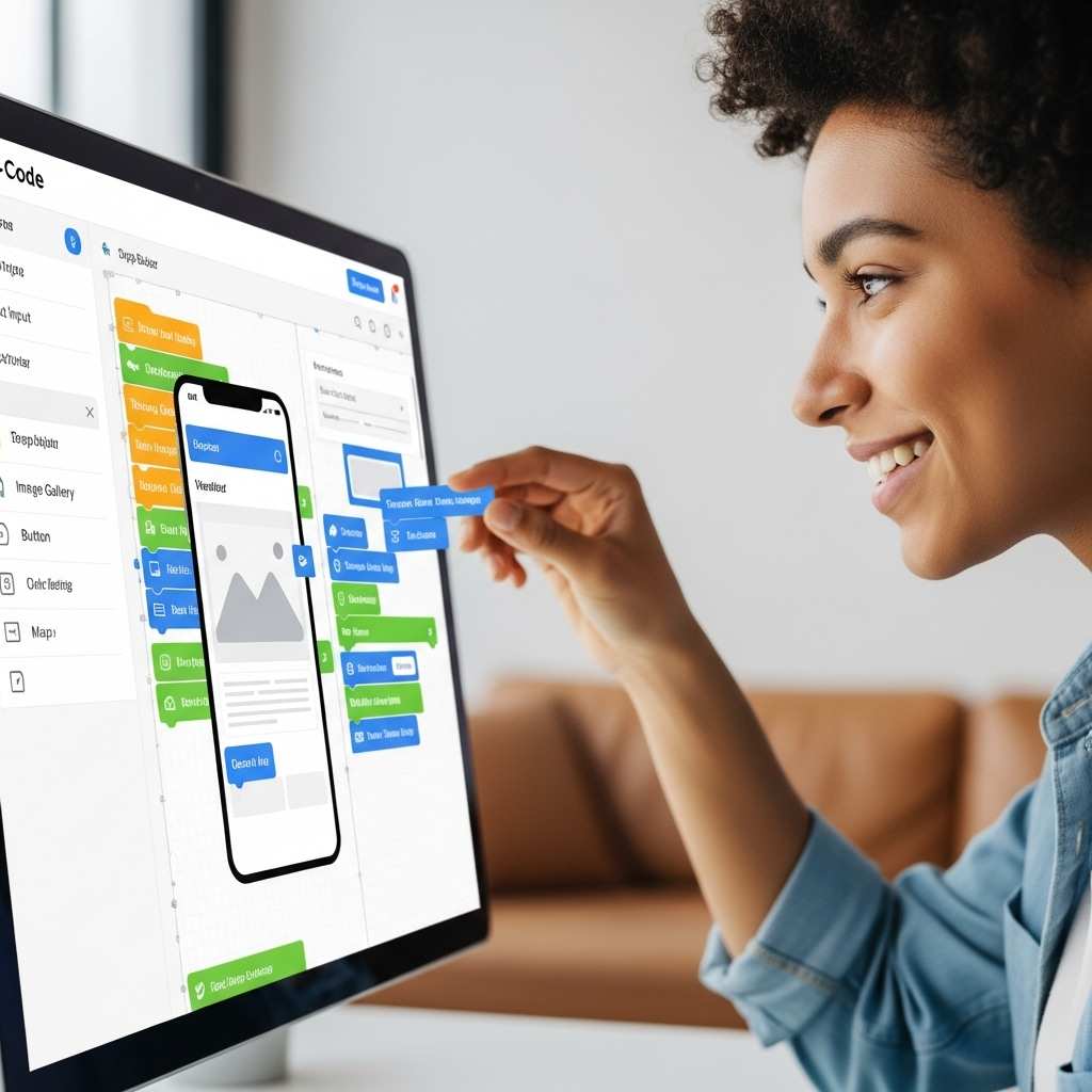 A cheerful person interacting with a vibrant computer screen, effortlessly dragging and dropping elements using a no-code app builder tool, illustrating accessible technology and empowerment in app creation.