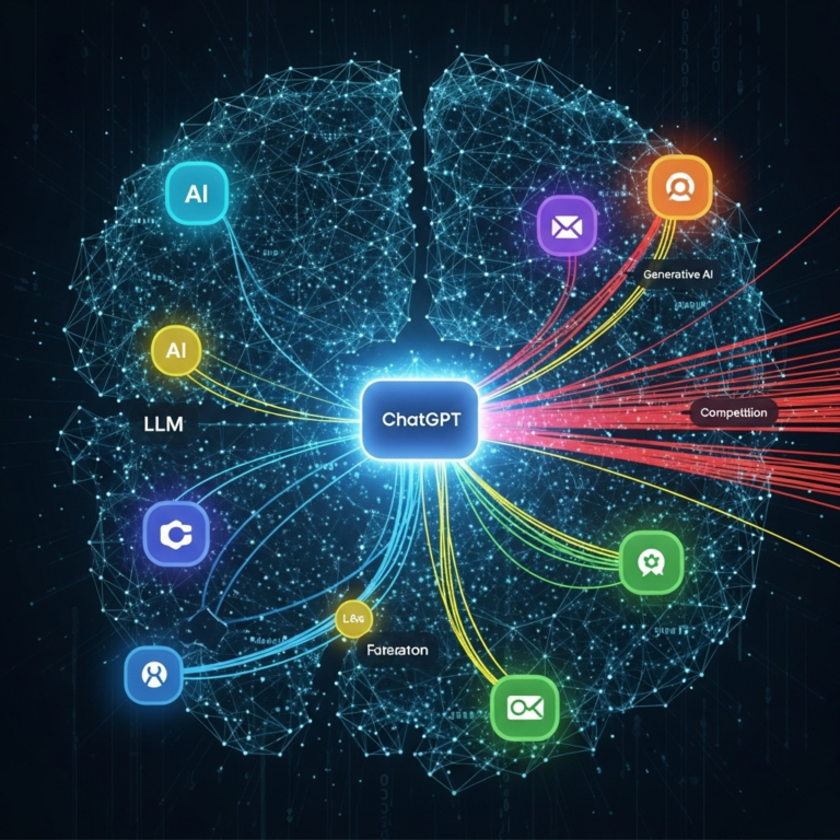 An abstract square image featuring vibrant, interconnected nodes and digital patterns symbolizing AI networks, representing the theme of ChatGPT competitors and the evolving landscape of conversational AI technologies.