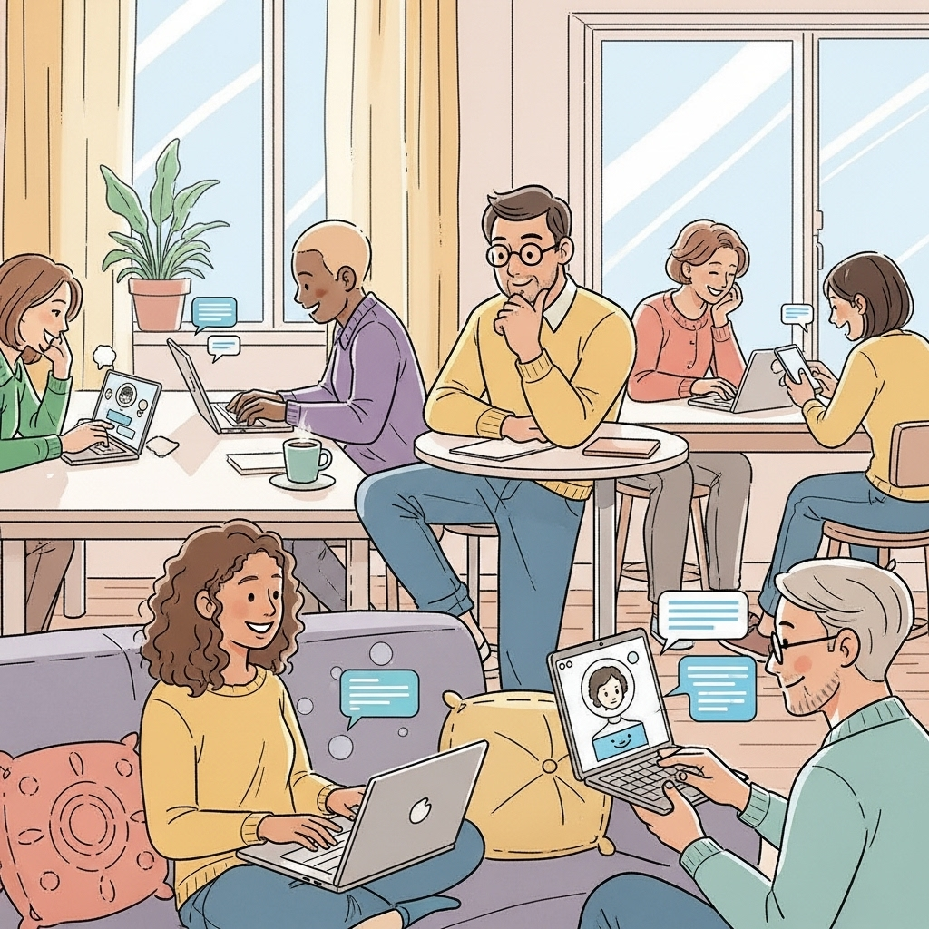 A colorful illustration showing diverse people engaging with different AI chatbots on laptops and smartphones in a bright, welcoming home or office environment, conveying a positive and friendly atmosphere.
