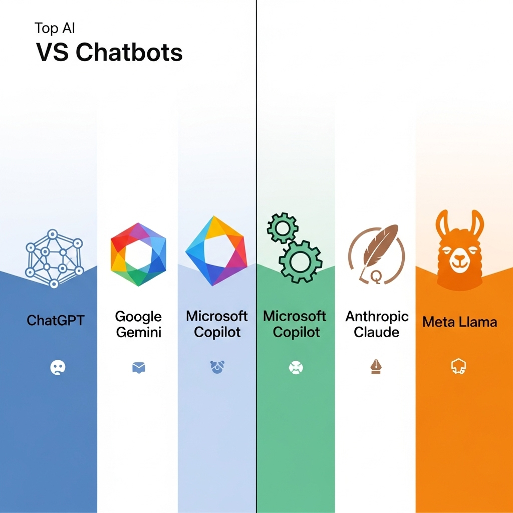 An infographic displaying stylized icons representing ChatGPT and its main competitors—Google Gemini, Microsoft Copilot, Anthropic Claude, and Meta Llama—highlighting their visual similarities and differences with clean, minimalistic lines and no brand logos or text.