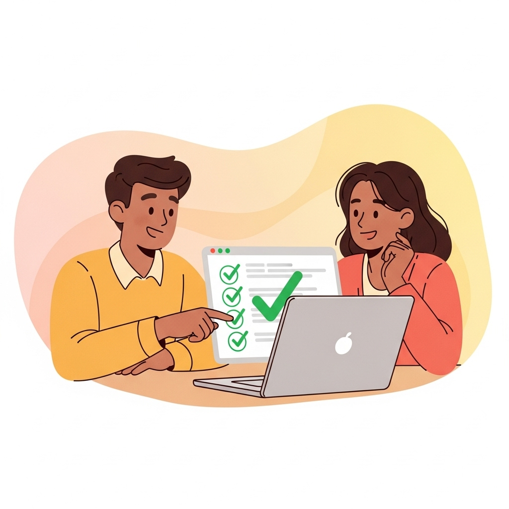 A warm and inviting illustration depicting two people engaged in a friendly discussion over a laptop, surrounded by checkmarks, symbolizing quality assurance and reliable software in a calm, non-technical setting.
