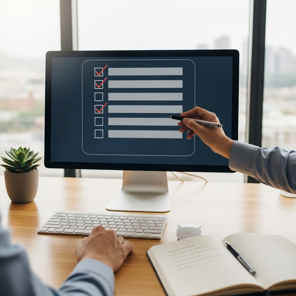 A person reviewing a checklist on a tidy, modern desk, illustrating the process of verification in software in a professional yet approachable setting.