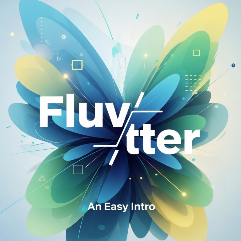 Abstract square image featuring vibrant blue and white shapes swirling around a stylized "Flutter" logo, visually representing the theme "What is Flutter: An Easy Intro" for a blog post.