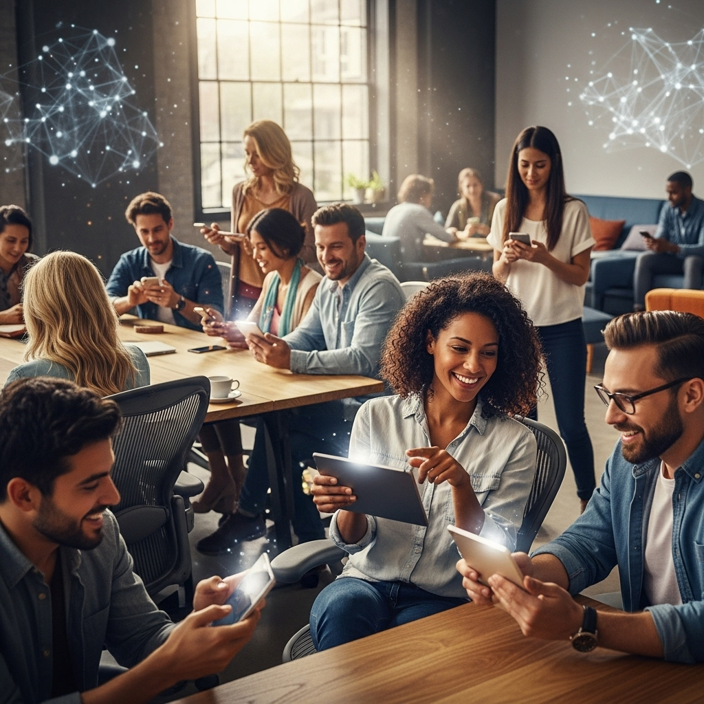 A bright, modern office space with a diverse group of people comfortably using smartphones and tablets, showcasing the intuitive nature of apps in a warm, inviting environment with subtle tech accents, often used to illustrate what is Flutter and its impact on creating user-friendly experiences.