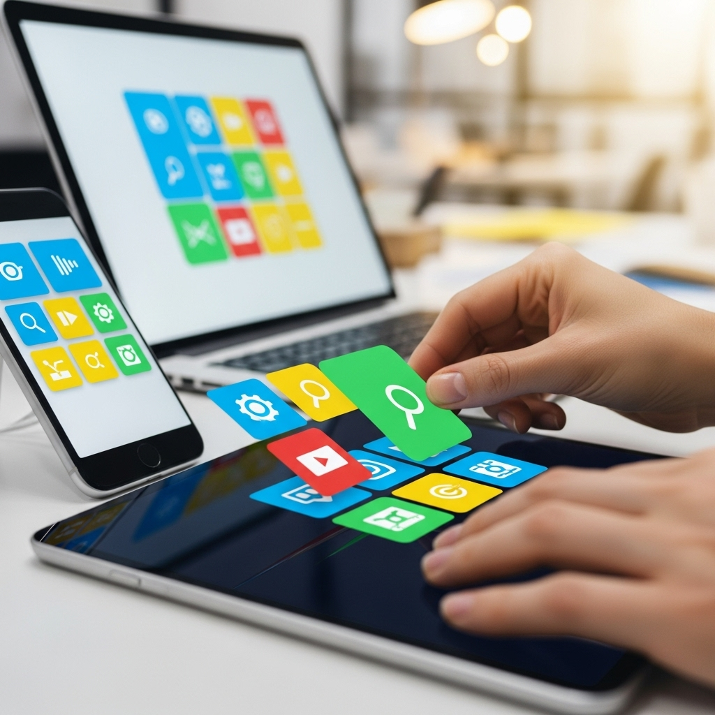 A close-up of a designer’s hands arranging vibrant digital tiles across a tablet, phone, and computer, symbolizing the process of assembling an app with building blocks in a bright, inviting setting and often referenced when explaining what is Flutter and how it simplifies app design.