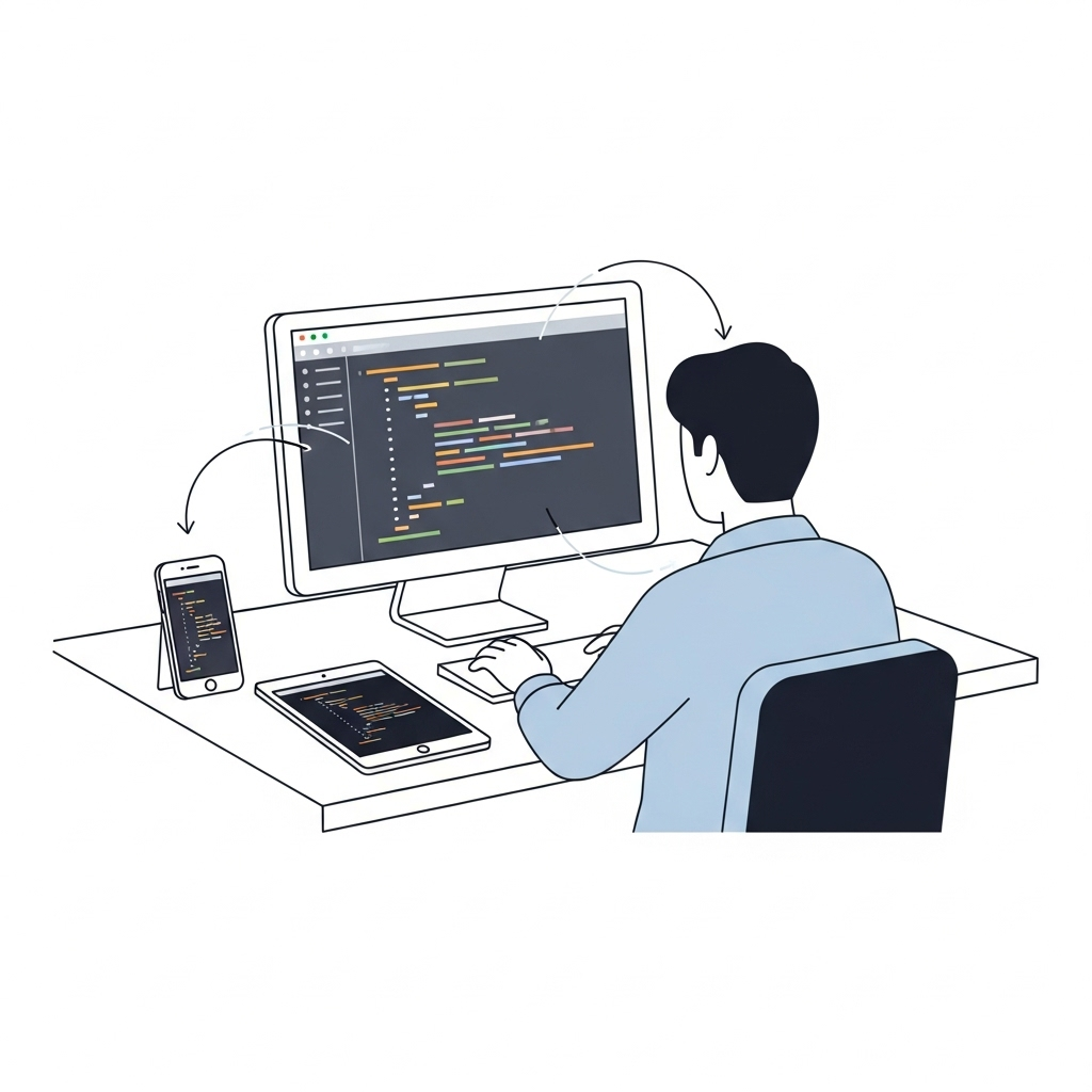 A clean, minimal illustration of a developer at a desk with one set of code seamlessly syncing across a smartphone, tablet, and desktop computer, visually demonstrating smooth cross-device compatibility and often used to explain what is Flutter and its ability to support multiple platforms from a single codebase.