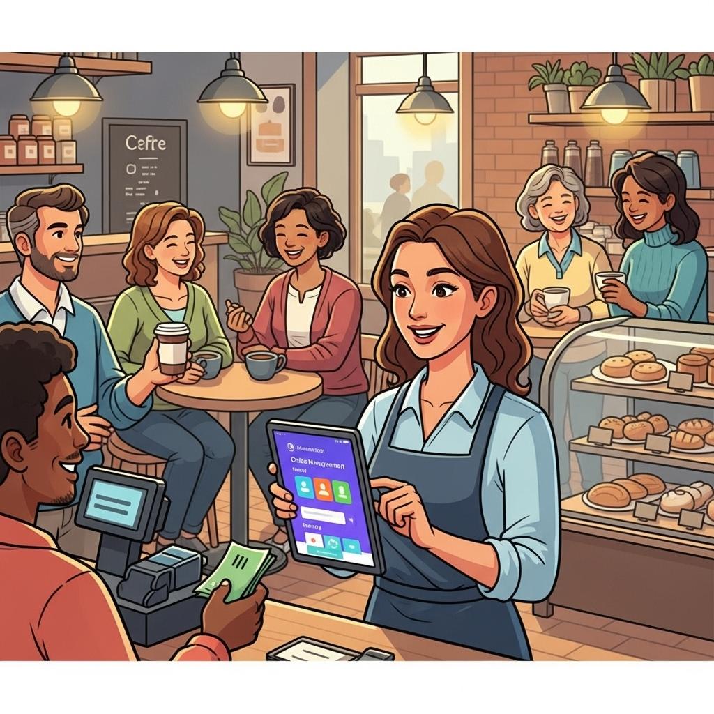 An illustration of a cheerful small business owner using a tablet with a custom app, surrounded by happy customers, highlighting how technology benefits their business and serving as an example often used to explain what is Flutter and its role in building powerful business apps.