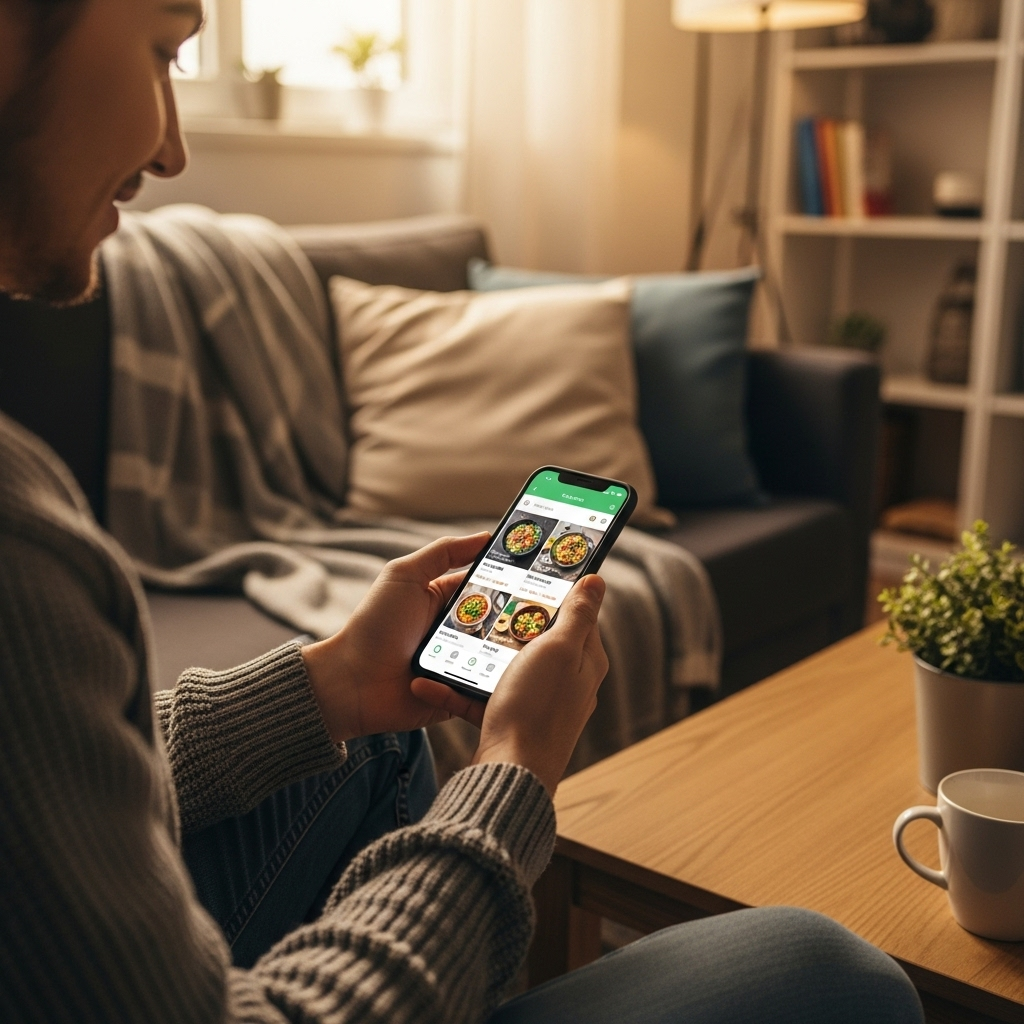 A person at home using a food delivery app on their smartphone, appearing satisfied and relaxed in a warm, inviting setting, illustrating a real-life use case often shown when explaining what is Flutter and how it powers modern mobile apps.