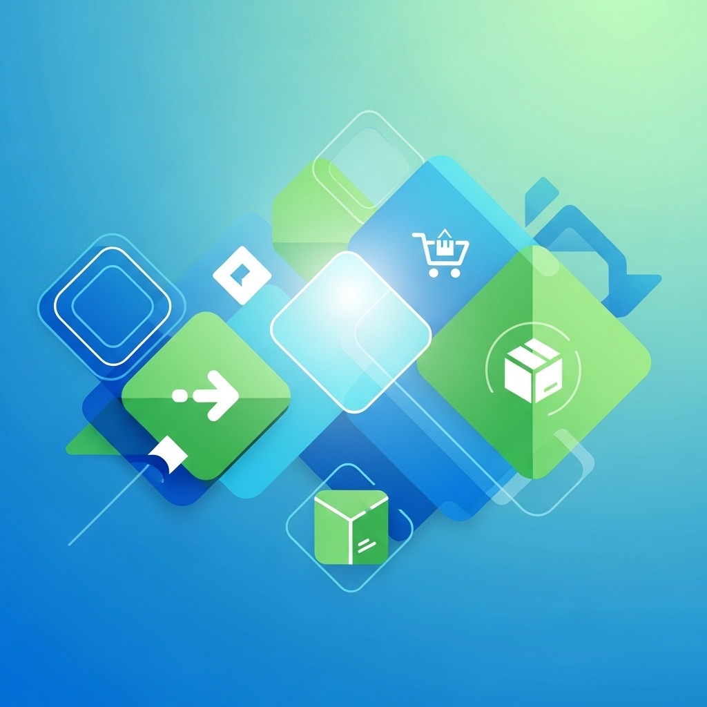 A square abstract illustration featuring interconnected geometric shapes and digital icons representing data flow and organization, symbolizing the concept of order management software explained simply.
