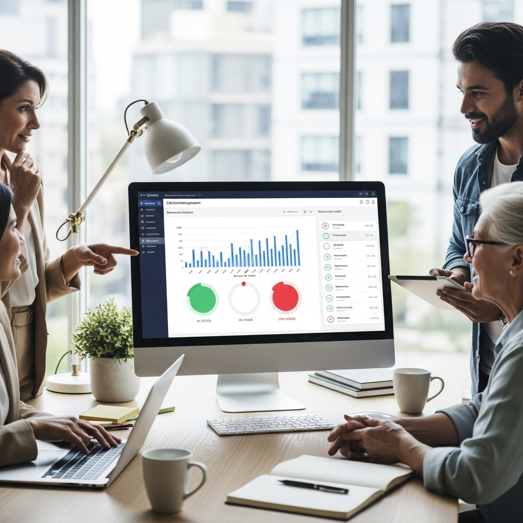 A modern office desk featuring a computer monitor displaying a clean dashboard with simple charts, order statuses, and inventory icons, while diverse small business owners engage in discussion around digital tools.