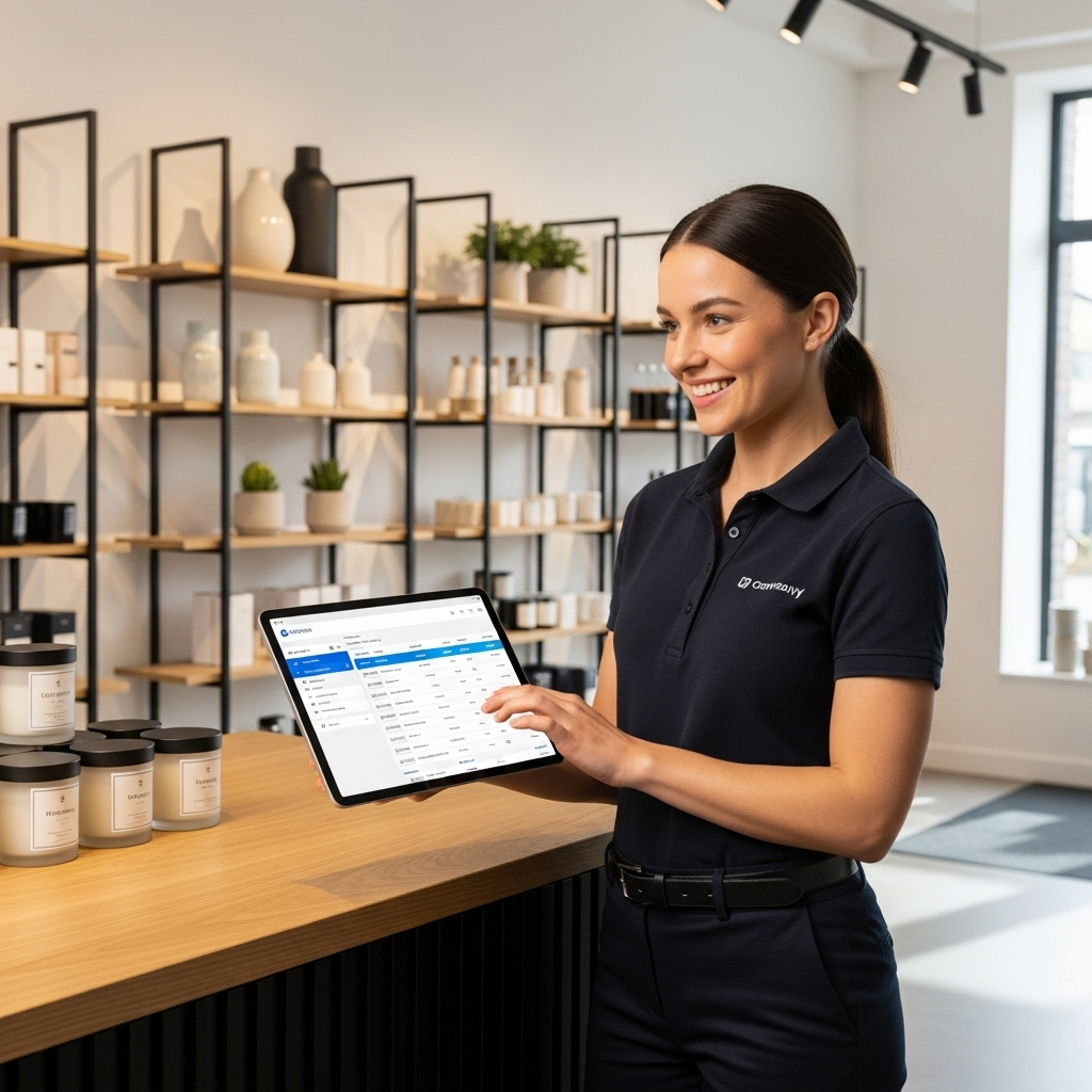A smiling retail employee using a tablet to review customer orders, standing in a well-organized store with neatly displayed products and a bright, welcoming atmosphere.