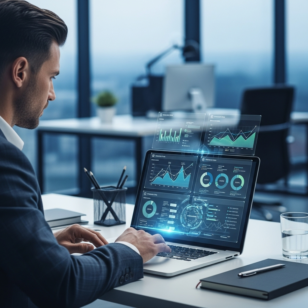 A business owner reviewing sales trends and customer data on a laptop, surrounded by digital graphs and secure file icons, illustrating a modern and secure technology environment.