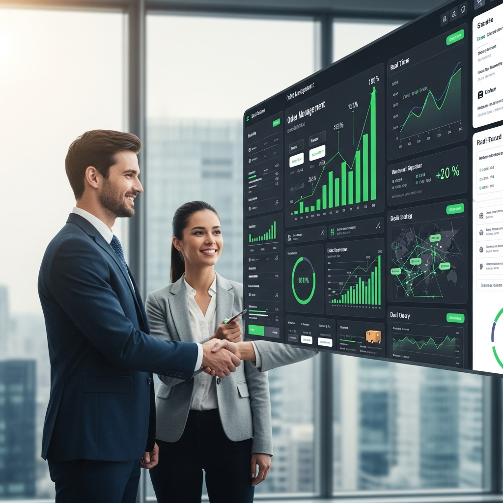 Two business partners shaking hands confidently beside a large digital screen displaying graphs and positive performance indicators, set in a professional and trusting environment.