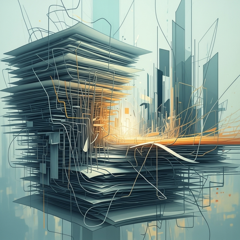 Abstract square image featuring layered geometric shapes and soft gradients symbolizing a backlog, representing simple insights for everyday life.