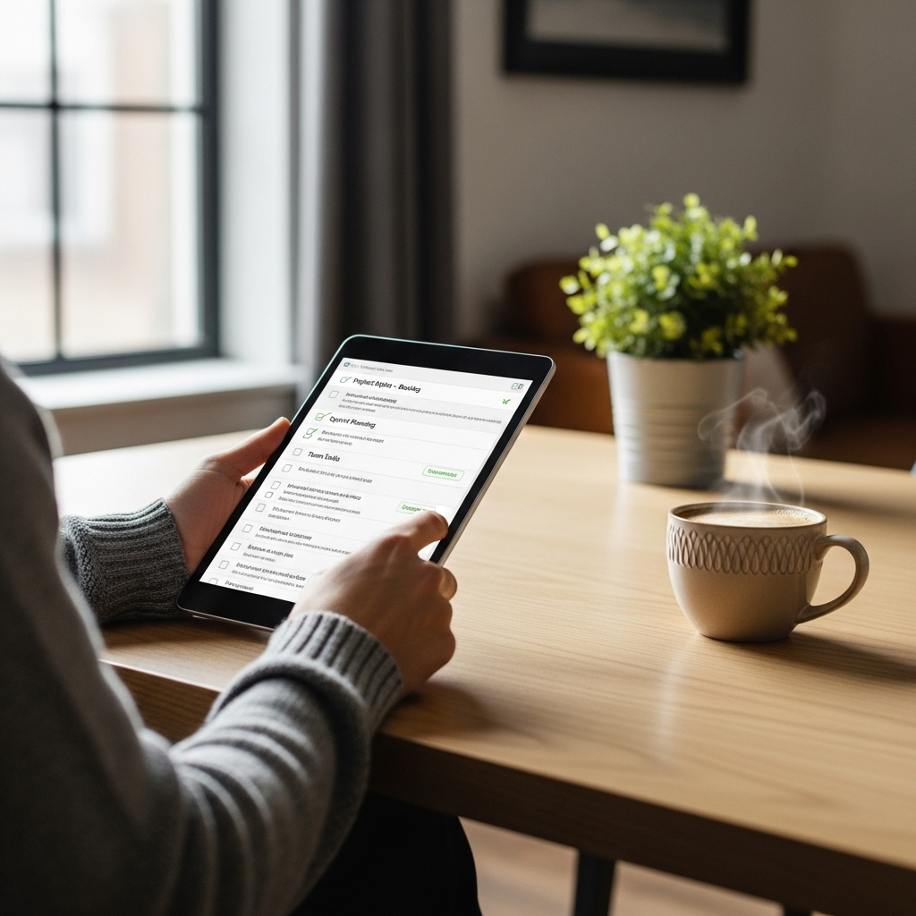 A cozy, modern workspace bathed in natural light, featuring a person reviewing a neatly organized list on a digital tablet with a cup of coffee nearby, highlighting a clean and inviting atmosphere.