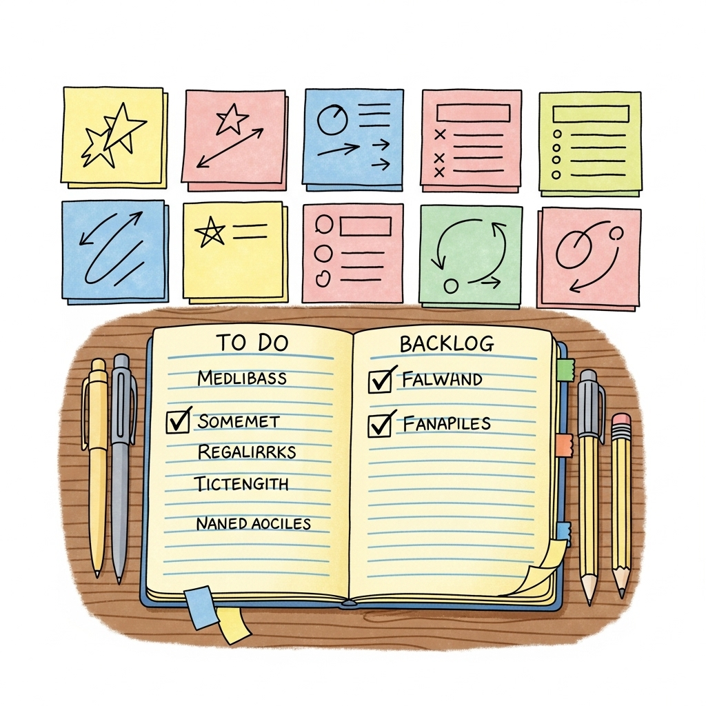 A hand-drawn style illustration of a notepad displaying a simple to-do list with some items checked off, surrounded by colorful sticky notes, conveying a sense of organization and approachability.