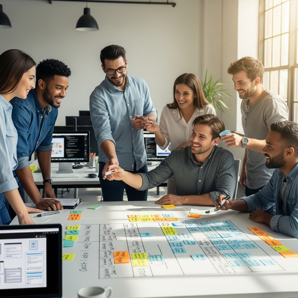 A diverse team collaborating in a bright, modern office, gathered around a whiteboard filled with colorful sticky notes and tags, discussing a software project with technology visible in the background, creating a light-hearted and engaged atmosphere.