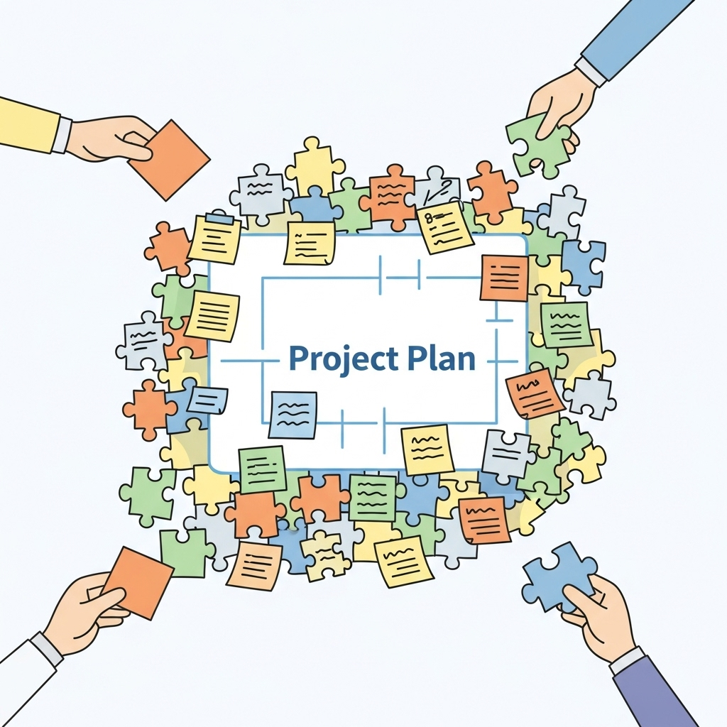 An illustration showing a central project plan surrounded by additional sticky notes and puzzle pieces being added, visualizing how the original idea becomes more complex and confusing over time, using soft colors and a friendly, simple style.