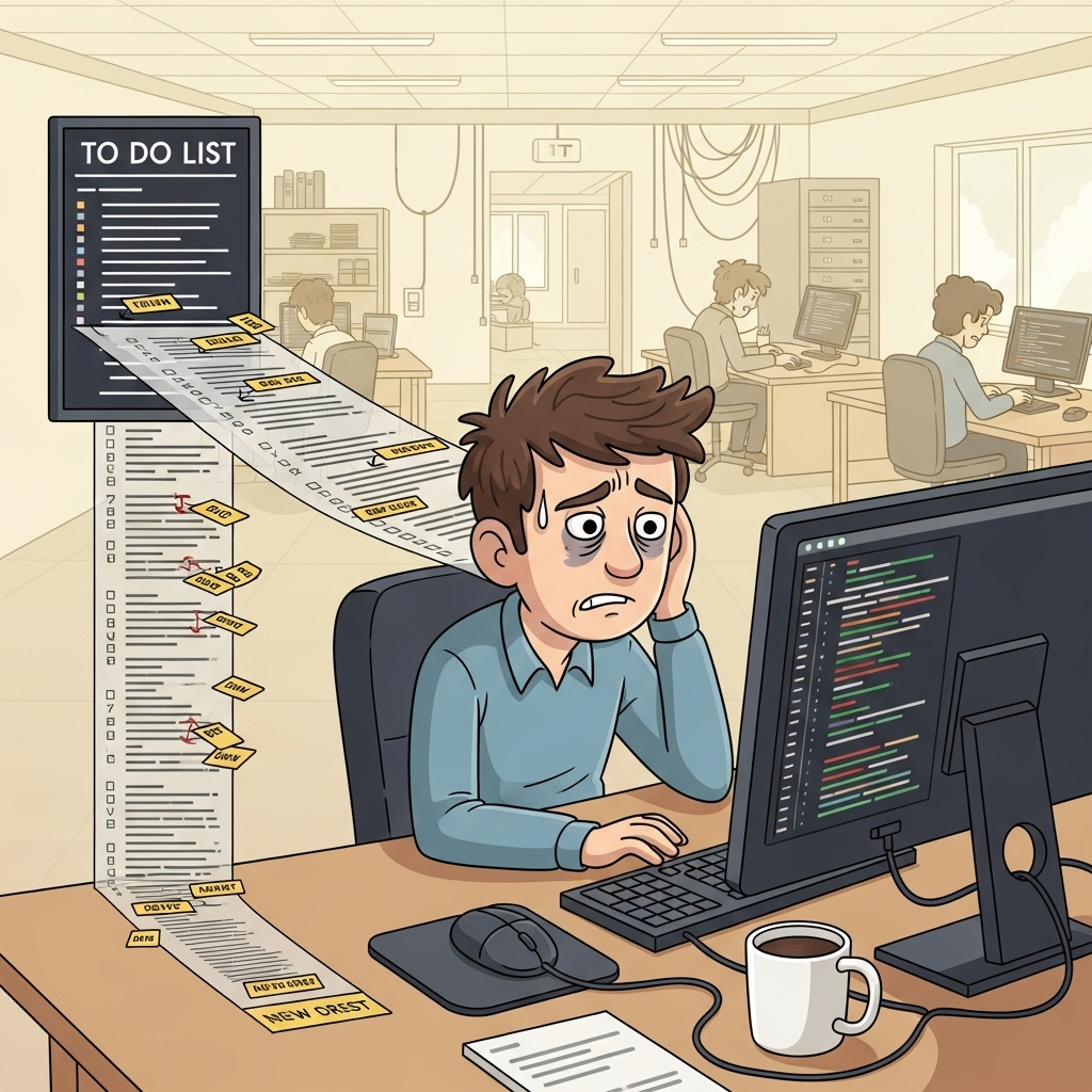 A colorful cartoon depicting a software developer seated at a desk with a computer, surrounded by a warm and inviting IT office environment. The developer’s to-do list visibly grows longer as new tasks are added, illustrating the concept of scope creep in a relatable software development setting.