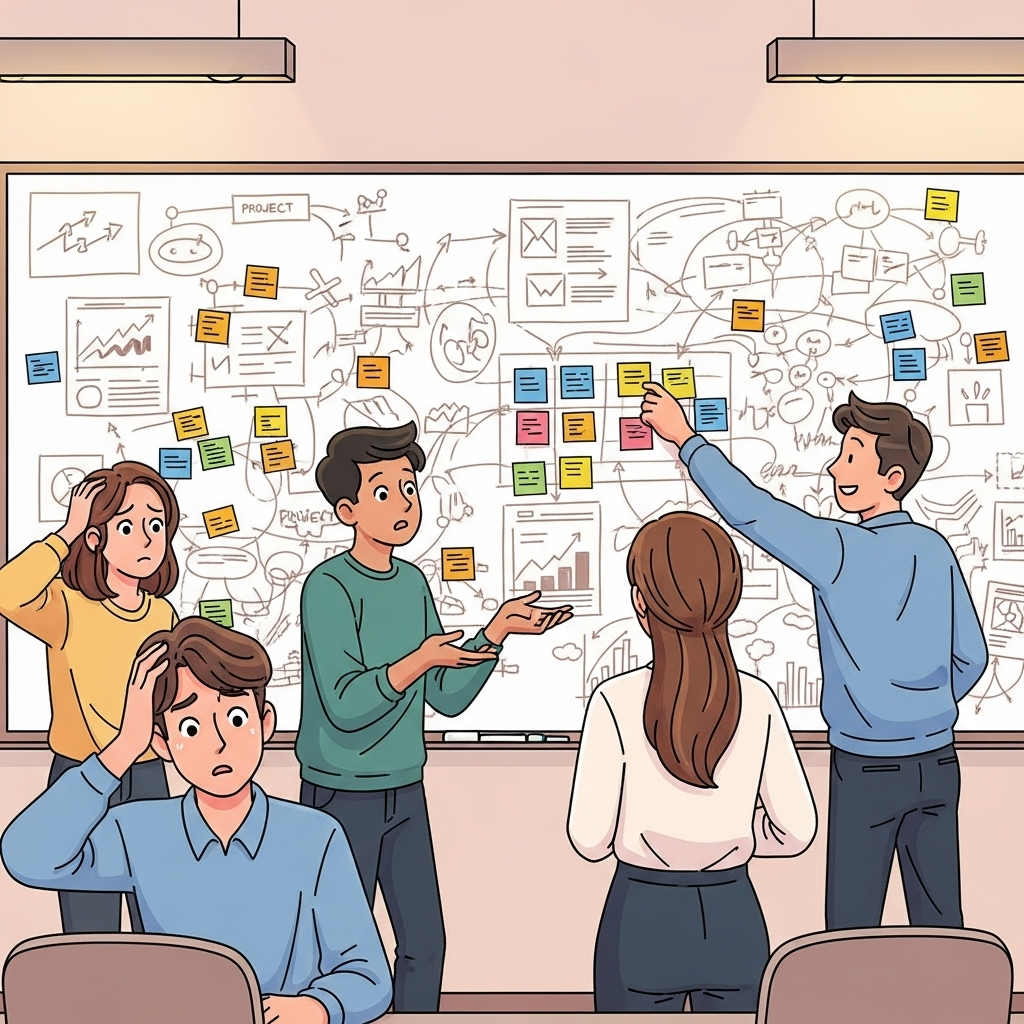 An illustration of a project team gathered around a whiteboard filled with notes, as a client adds another note, capturing the moment of scope creep meaning in a project; the team members appear stressed and surprised, depicted in a modern, friendly style with no text.