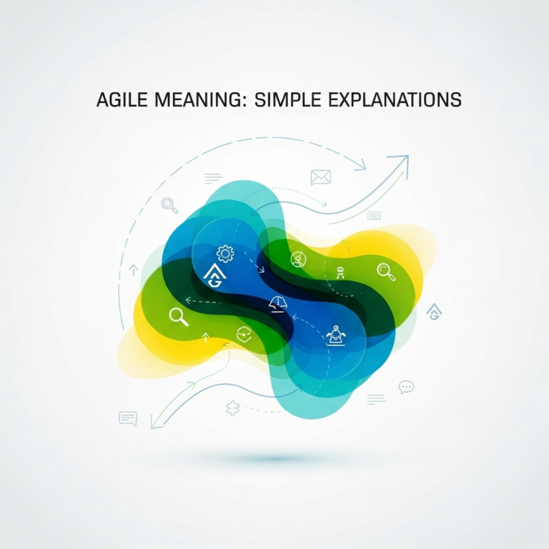 An abstract square image featuring interconnected shapes and dynamic lines in vibrant colors, symbolizing collaboration and adaptability, visually representing the agile meaning for a blog post titled "Agile Meaning: Simple Explanations."