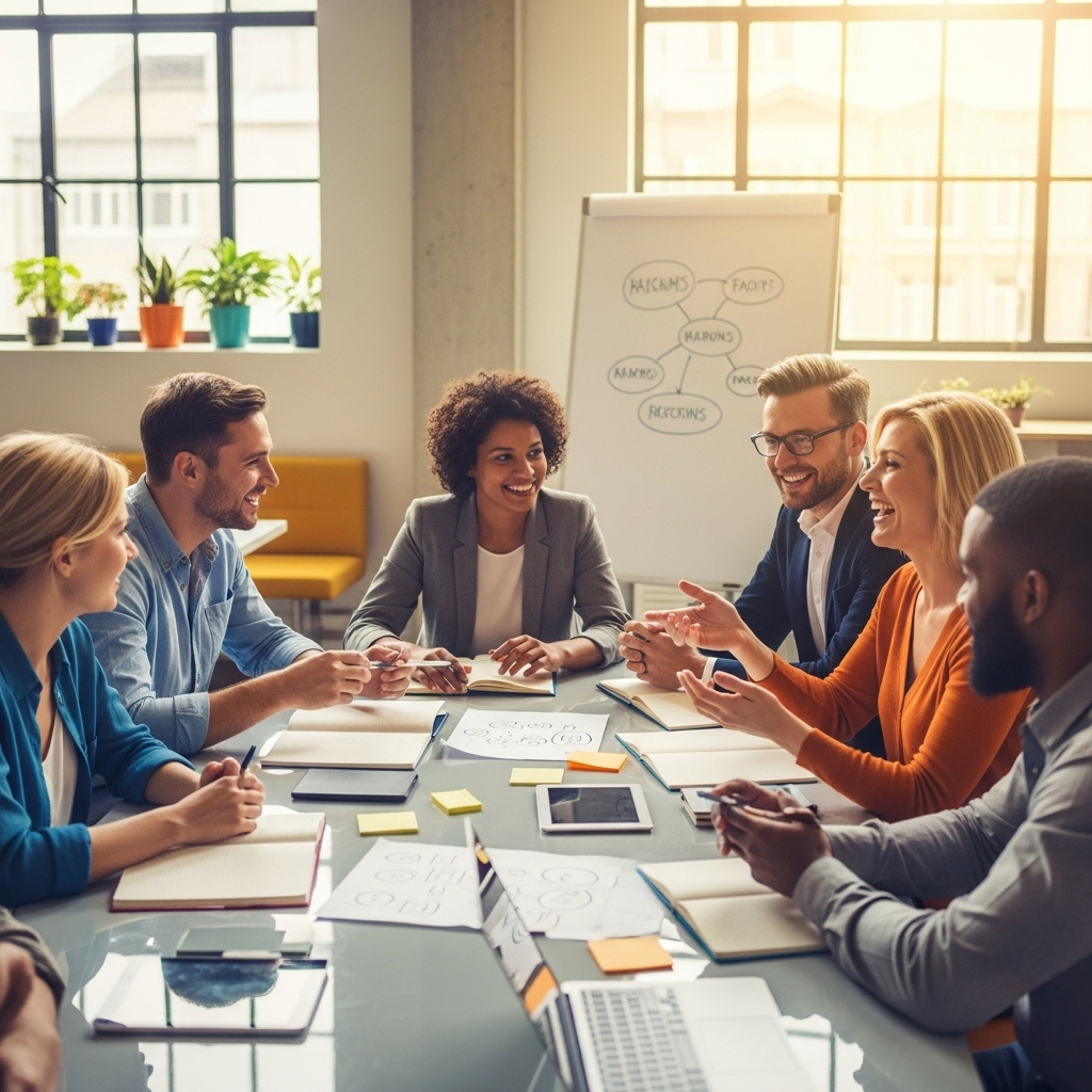 A group of diverse non-technical professionals engaged in a lively discussion around a table in a bright, modern office, illustrating a friendly and open atmosphere that suggests adaptability and continuous improvement.