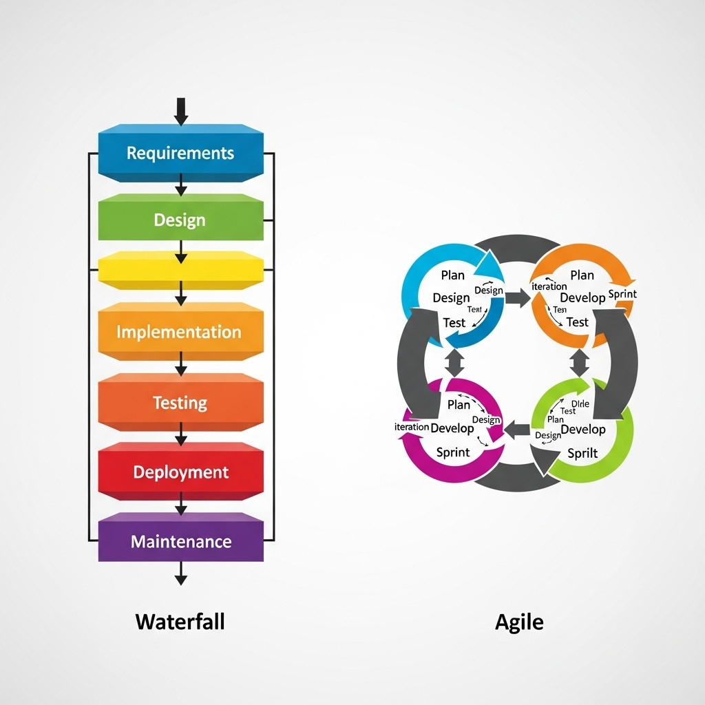 An illustration comparing two project workflows: one features a rigid, linear sequence of steps representing the waterfall method, while the other displays a flexible, cyclical process highlighting agile meaning. The image uses clear shapes and visuals to contrast these project management approaches without any text.