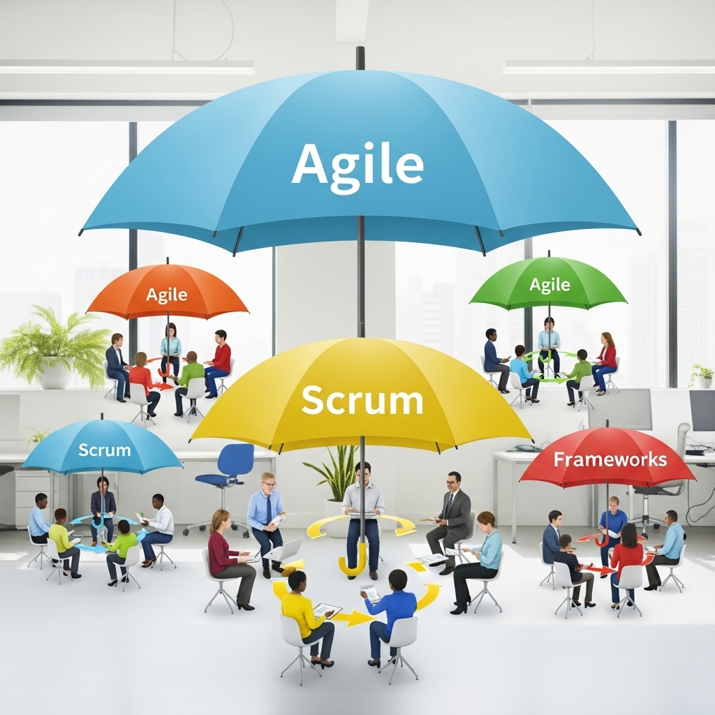 A colorful illustration showing a large umbrella symbolizing a broad methodology, under which multiple smaller groups are working in iterative, short cycles, representing different frameworks within a larger process.