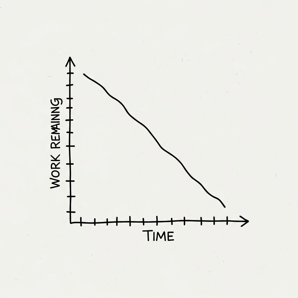 A hand-drawn style illustration of a line graph with a diagonal line trending downward, featuring clear axes labeled ‘Work Remaining’ and ‘Time’ against a neutral background, designed to appear approachable and non-technical.