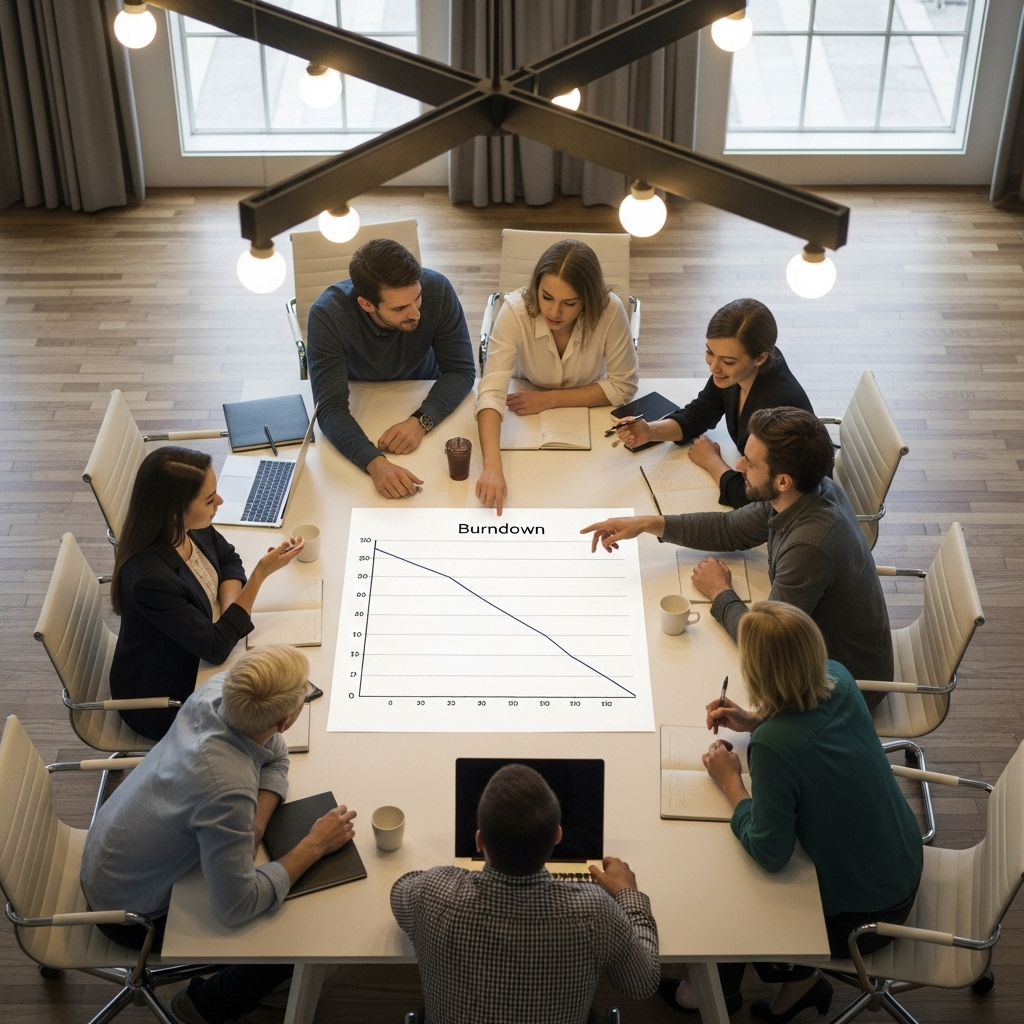 Overhead view of a diverse and engaged team collaborating around a table in a modern, welcoming environment, with a printed chart prominently placed in the center.