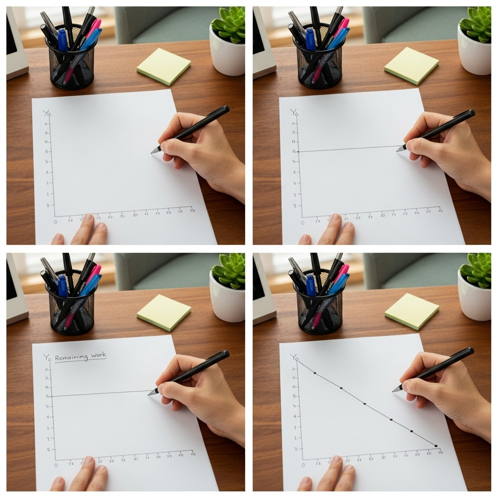 A top-down view of a person sketching a chart by hand on paper in a warm, inviting home office setting, with basic stationery items like pens and sticky notes scattered around, emphasizing the creative process.